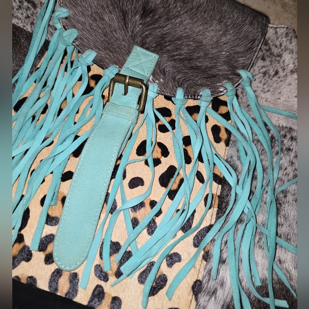 Cattle Boss Western Boho Backpack Cowhide Backpack Fringe Leopard Turquoise - Picture 3 of 7